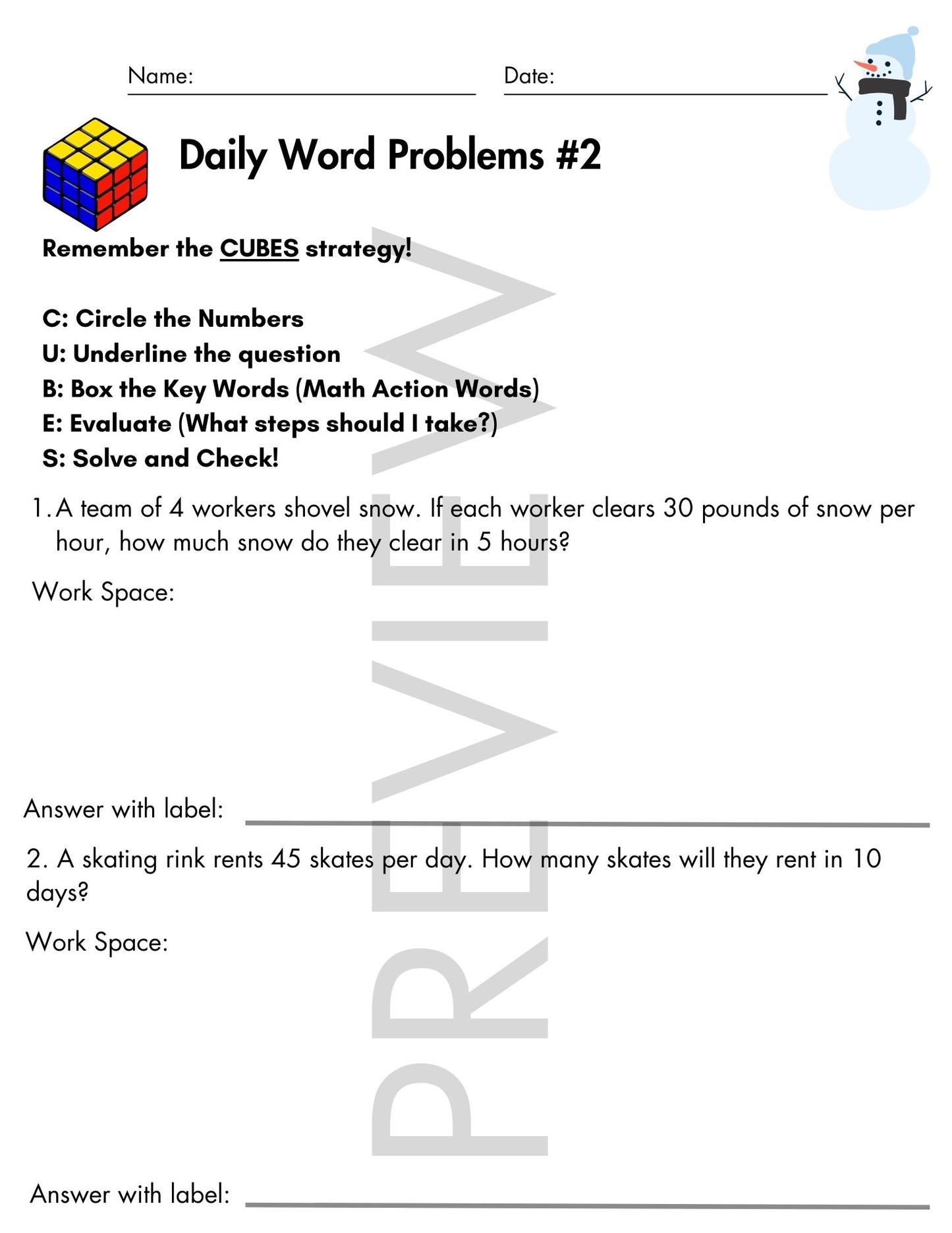 January Daily Word Problems with CUBES Strategy | 4th Grade