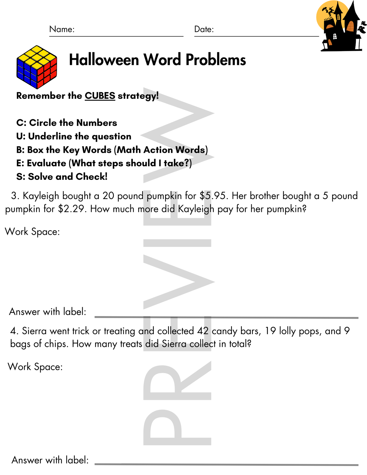 Halloween | Third Grade Word Problems with CUBES Strategy