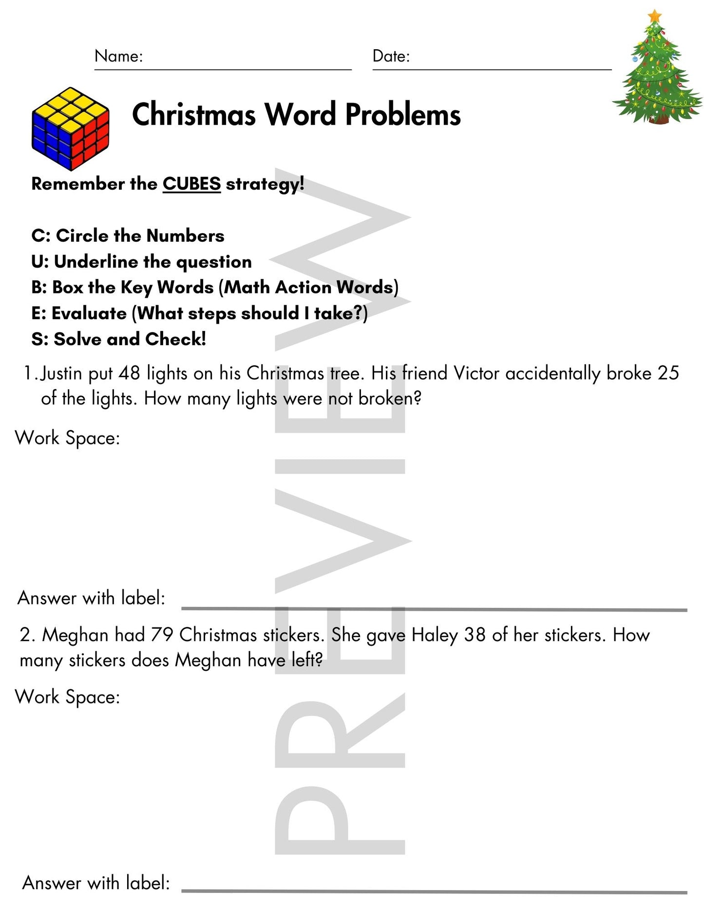 Christmas Word Problems with CUBES Strategy | 2nd Grade