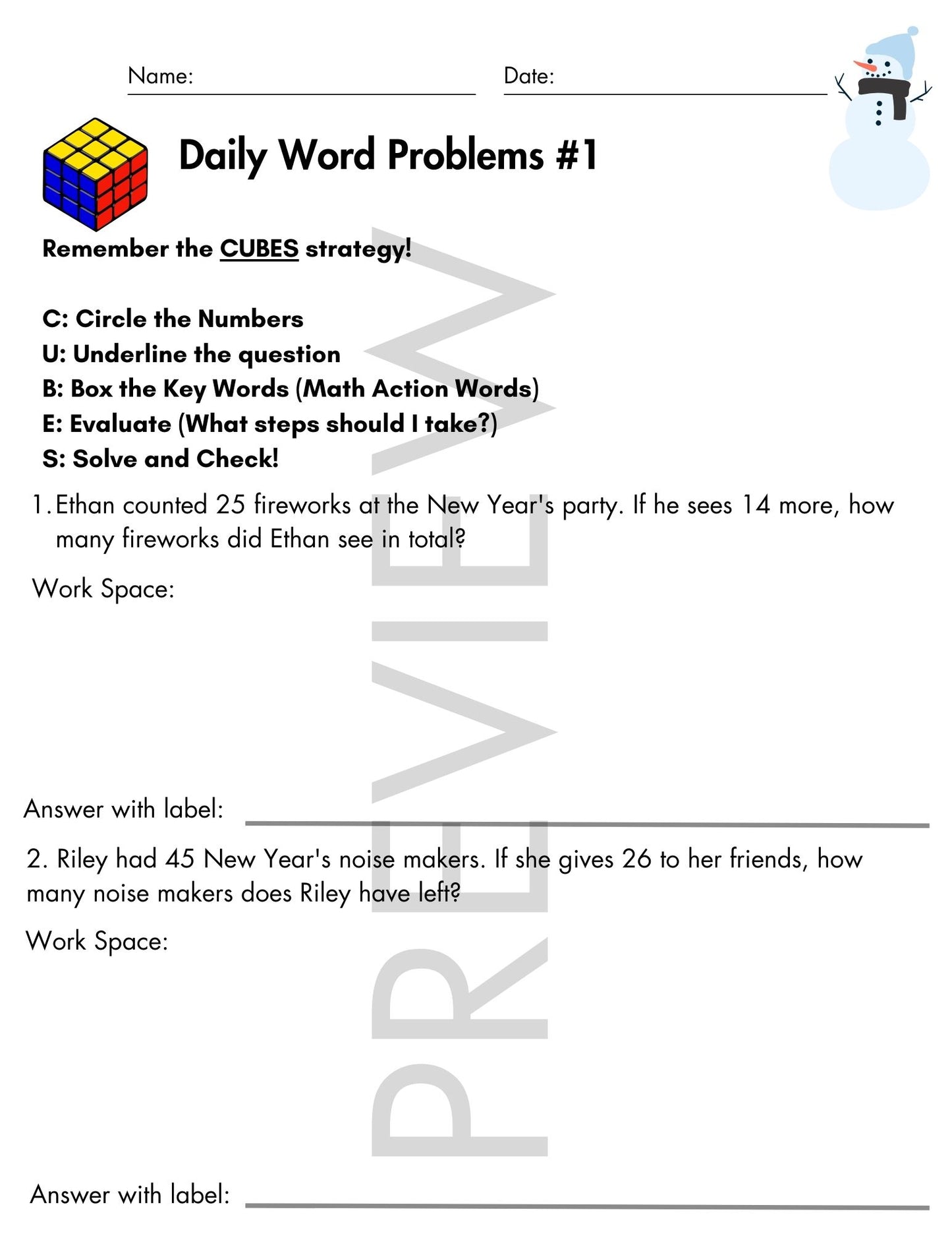 January Daily Word Problems with CUBES Strategy | 2nd Grade