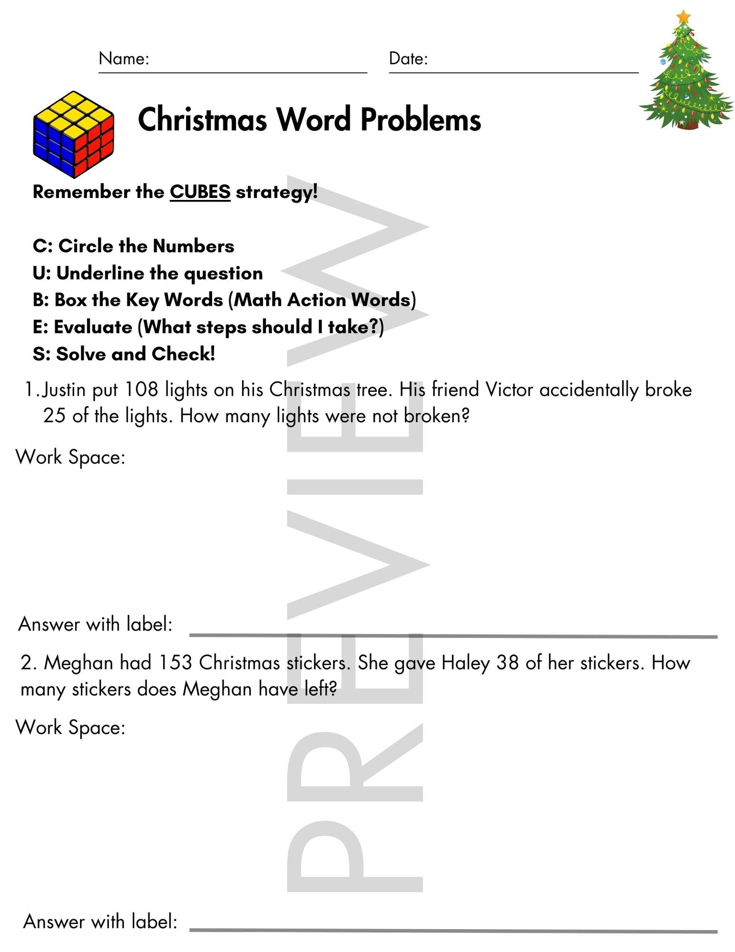 Christmas Word Problems with CUBES Strategy | 3rd Grade