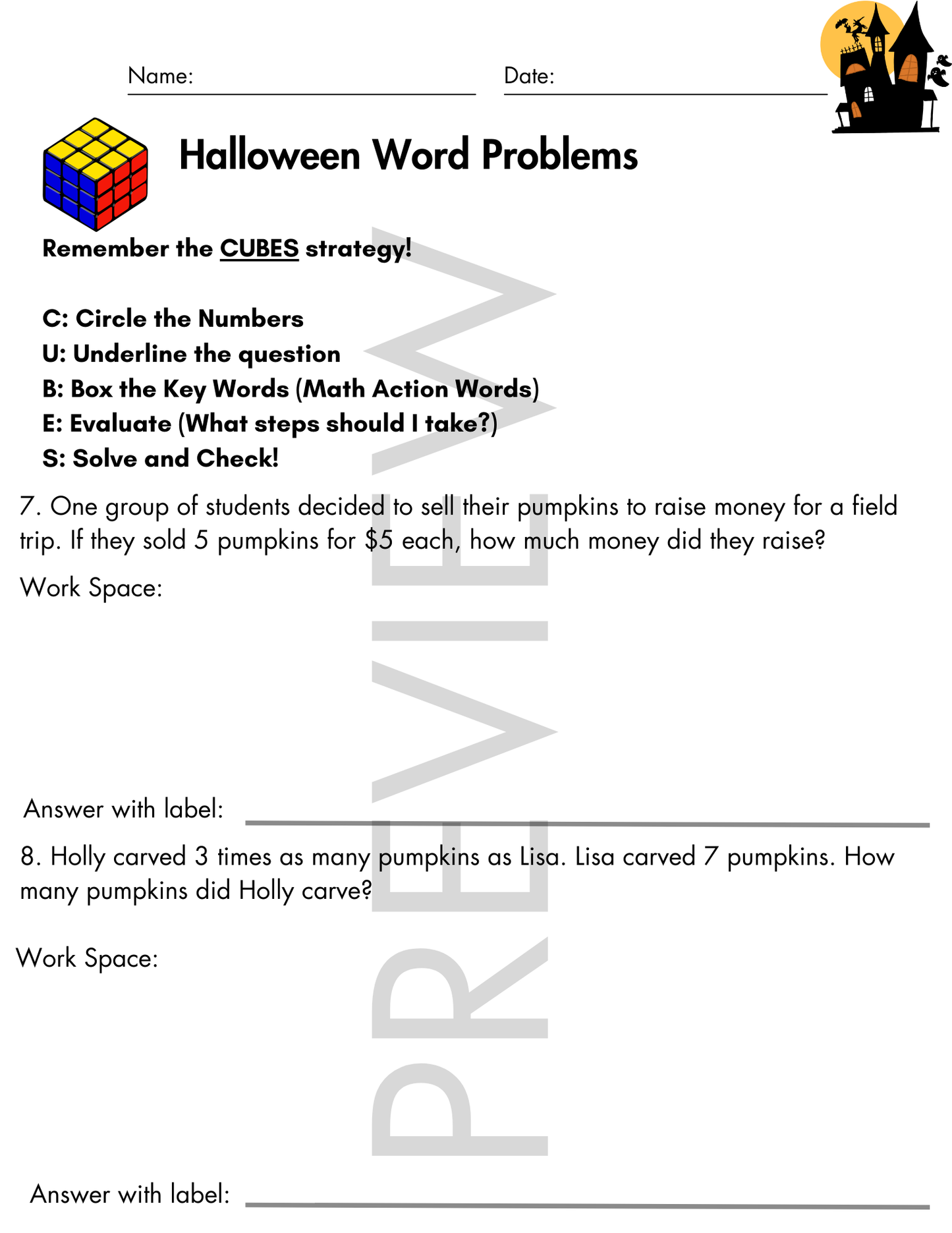 Halloween | Third Grade Word Problems with CUBES Strategy