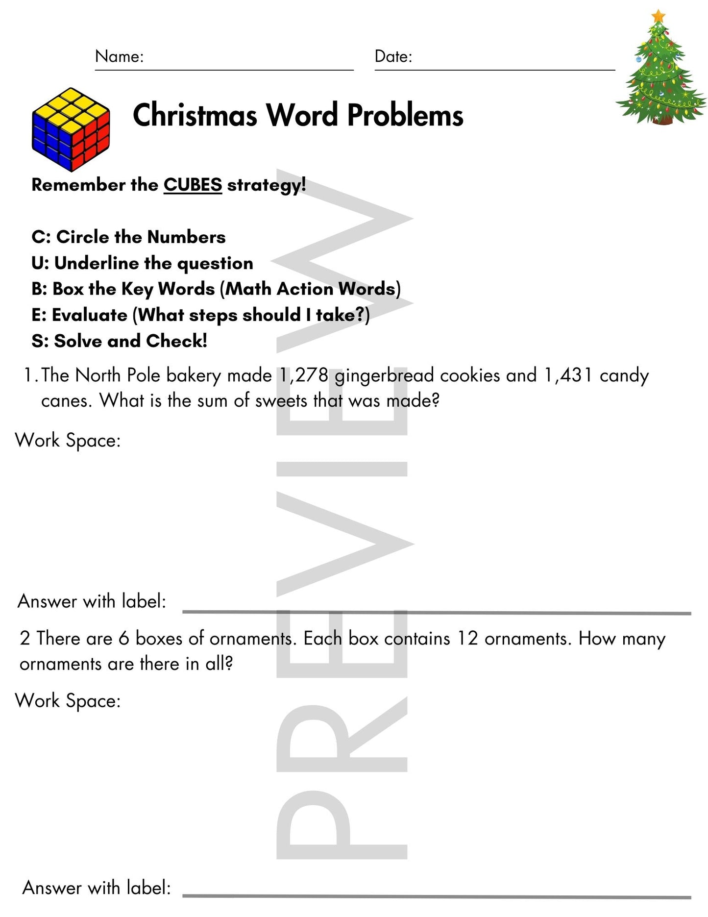 Christmas Word Problems with CUBES Strategy | 4th Grade