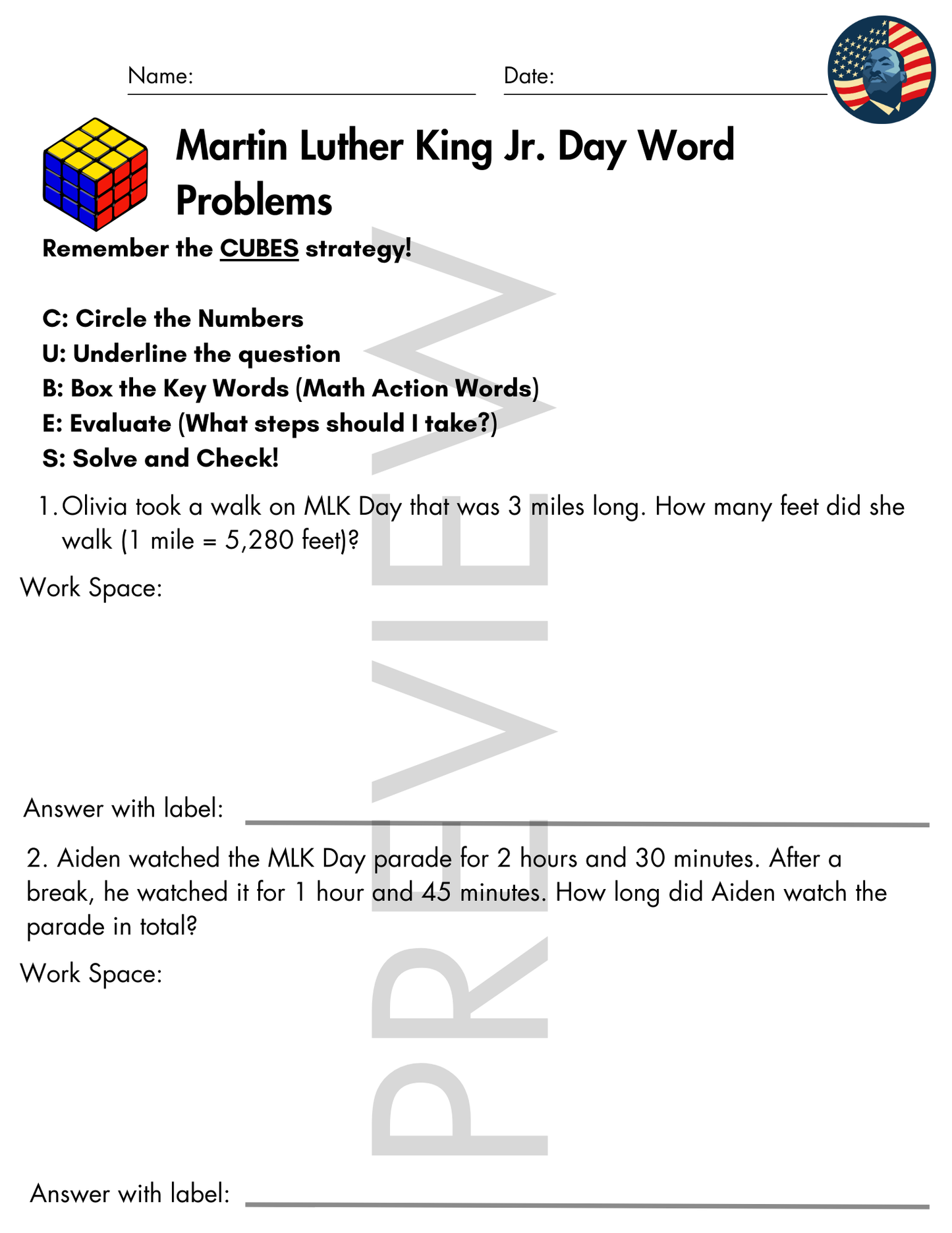 Martin Luther King Jr. Day Word Problems with CUBES Strategy | 4th Grade