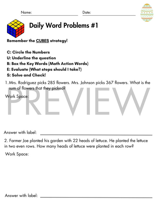 April Daily Word Problems with CUBES Strategy | 3rd Grade