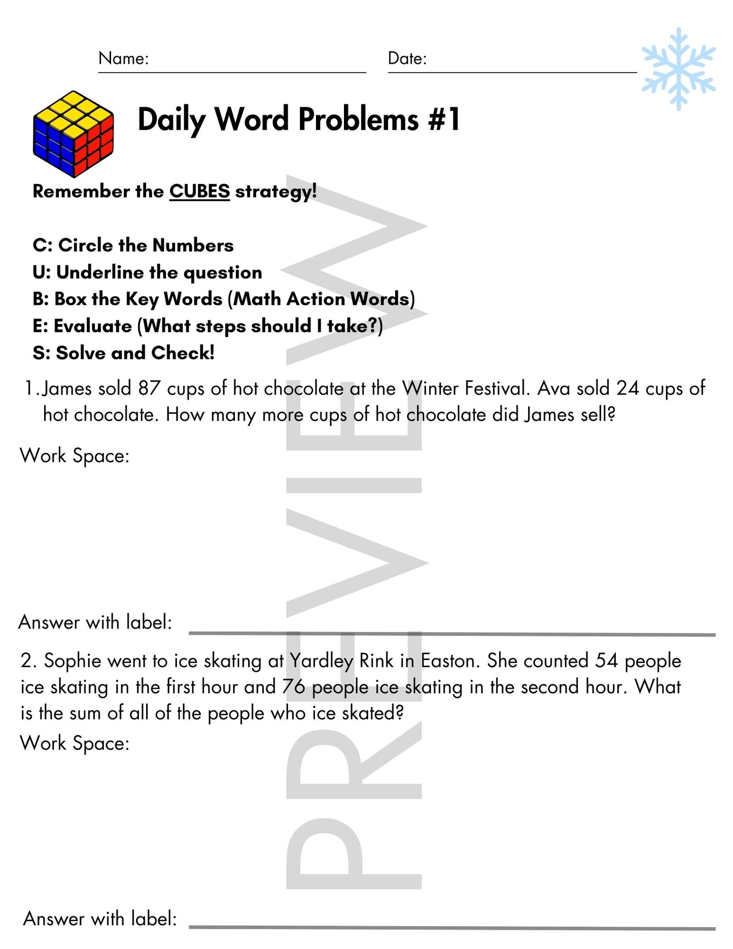 December Daily Word Problems with CUBES Strategy | 2nd Grade