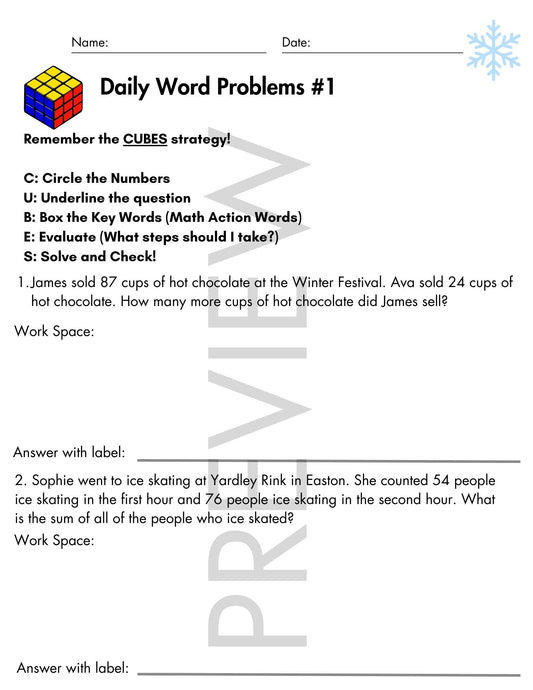 December Daily Word Problems with CUBES Strategy | 2nd Grade