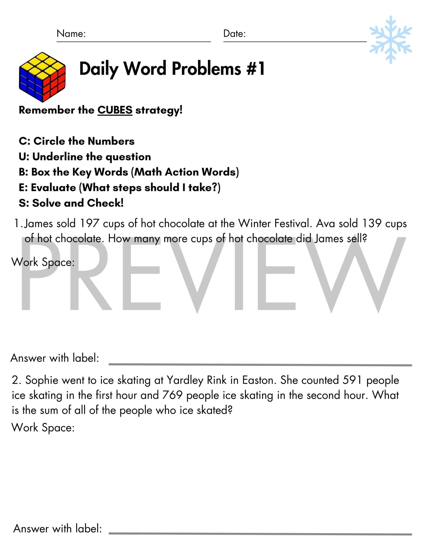 December Daily Word Problems with CUBES Strategy | 3rd Grade