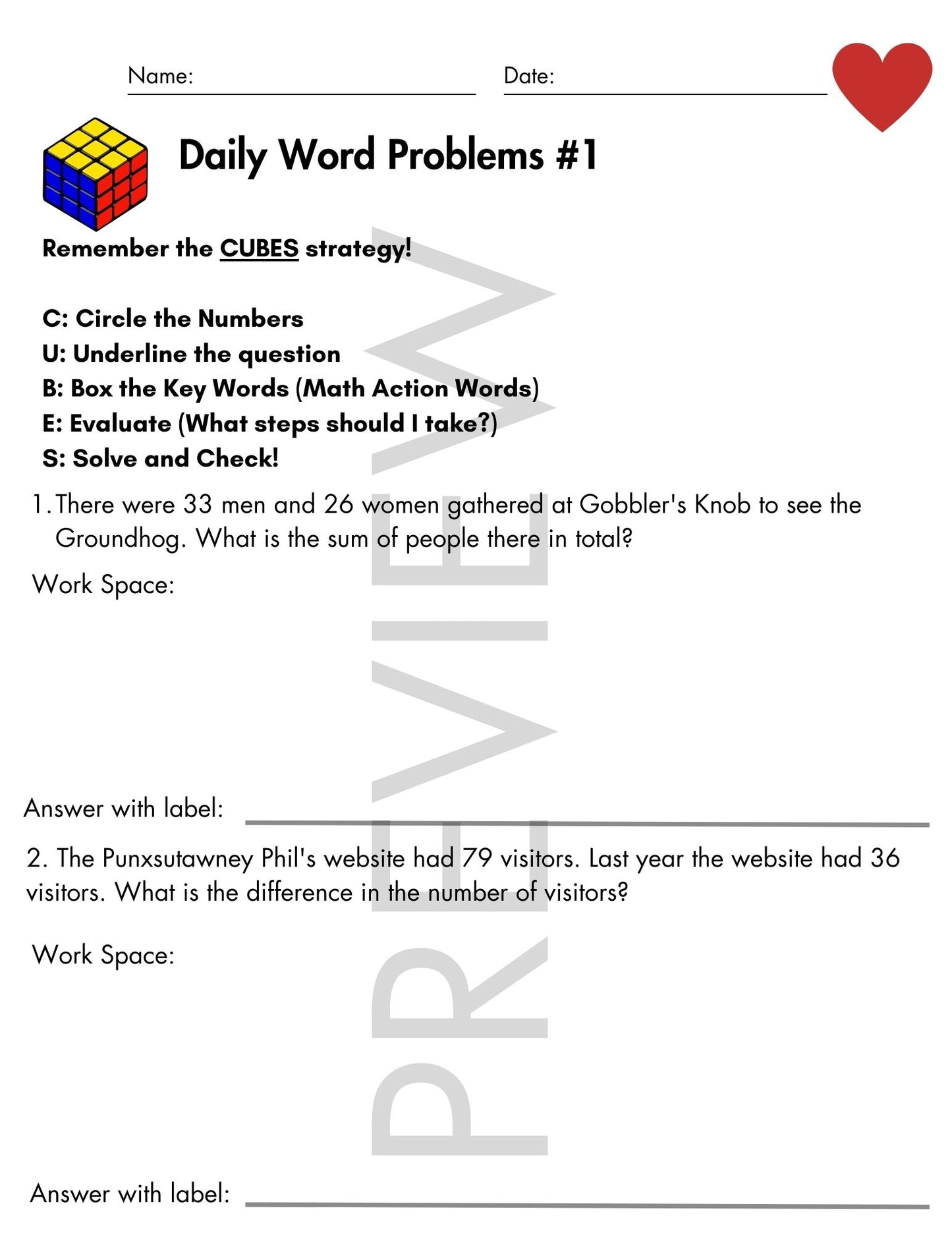February Daily Word Problems with CUBES Strategy | 2nd Grade