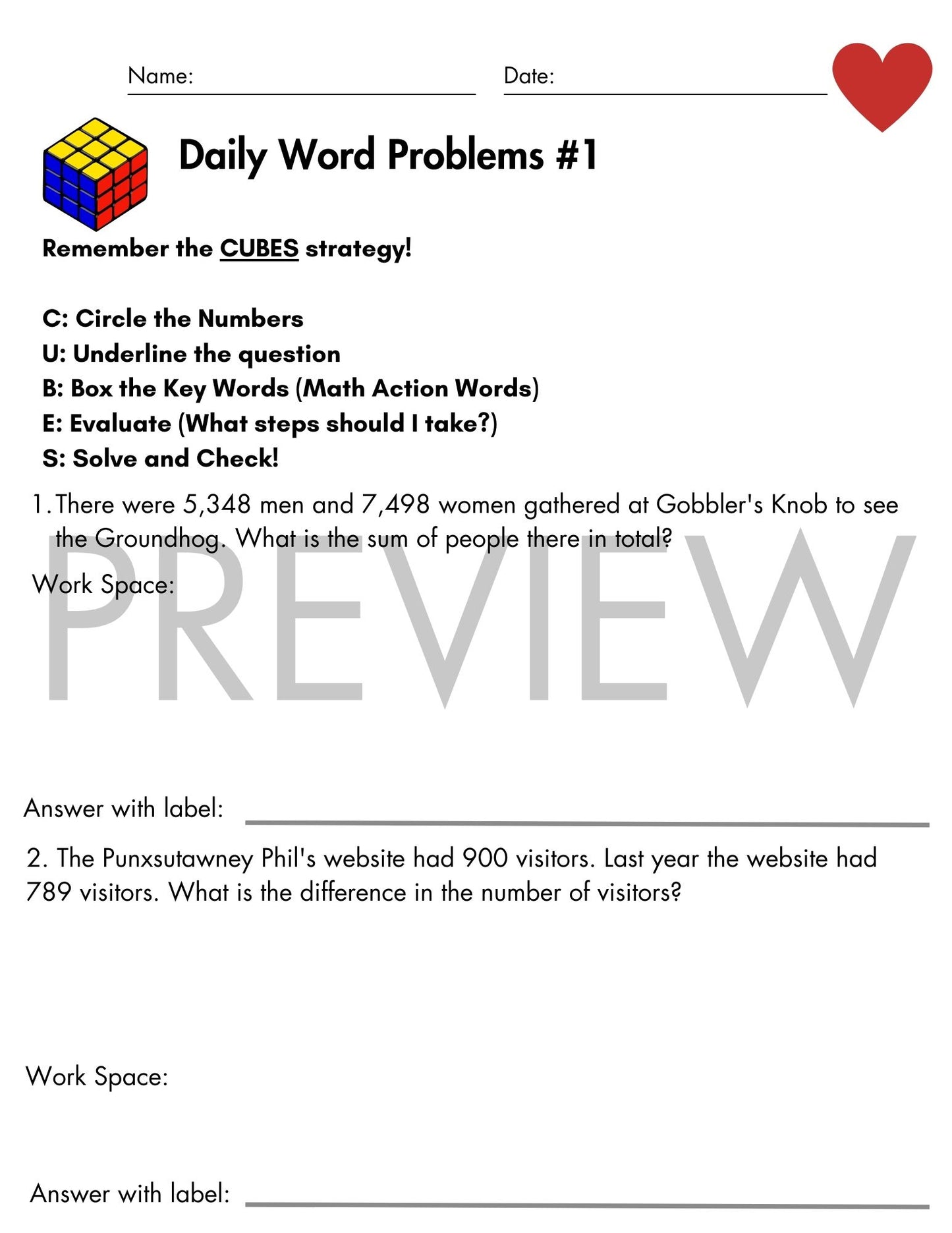 February Daily Word Problems with CUBES Strategy | 3rd Grade