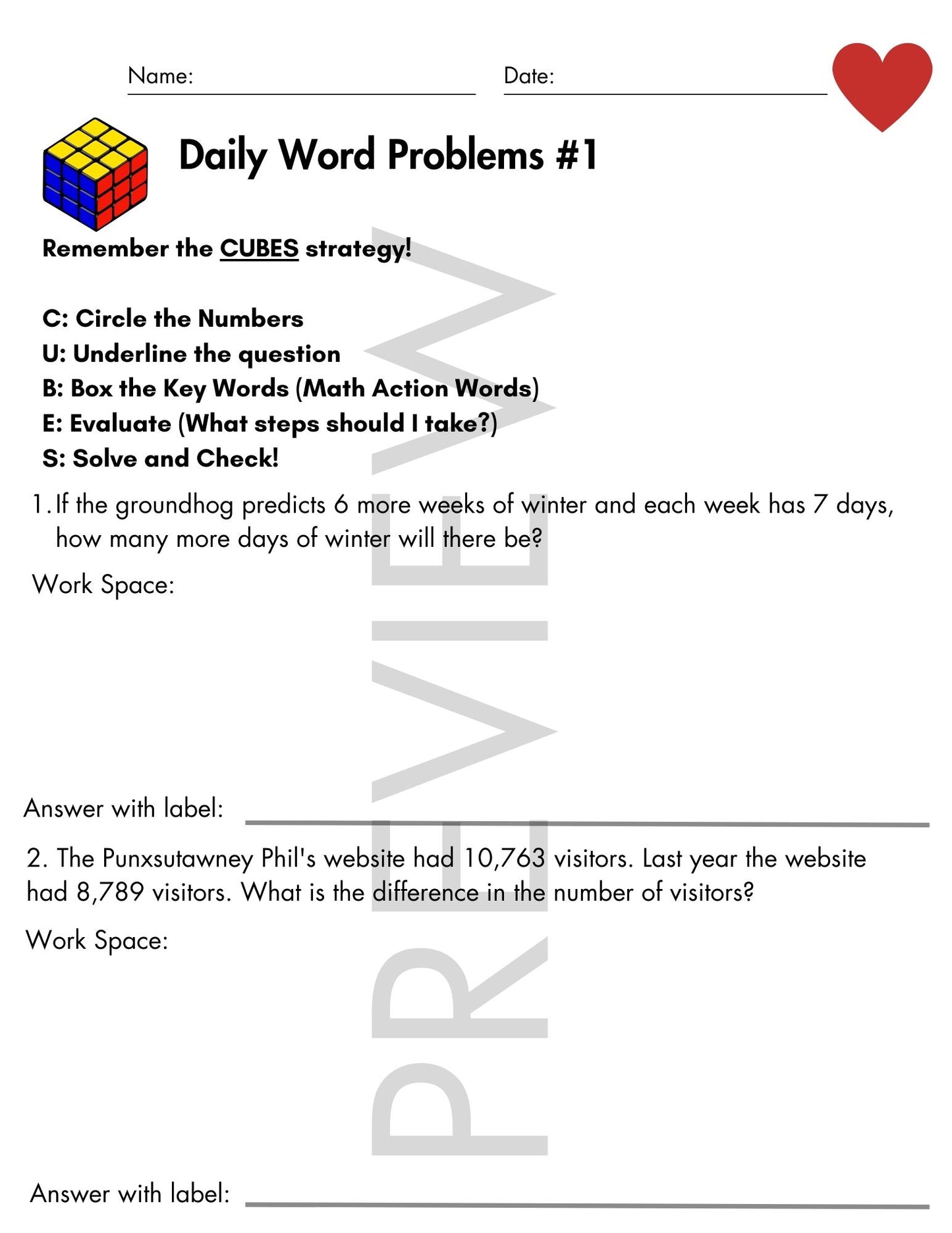 February Daily Word Problems with CUBES Strategy | 4th Grade