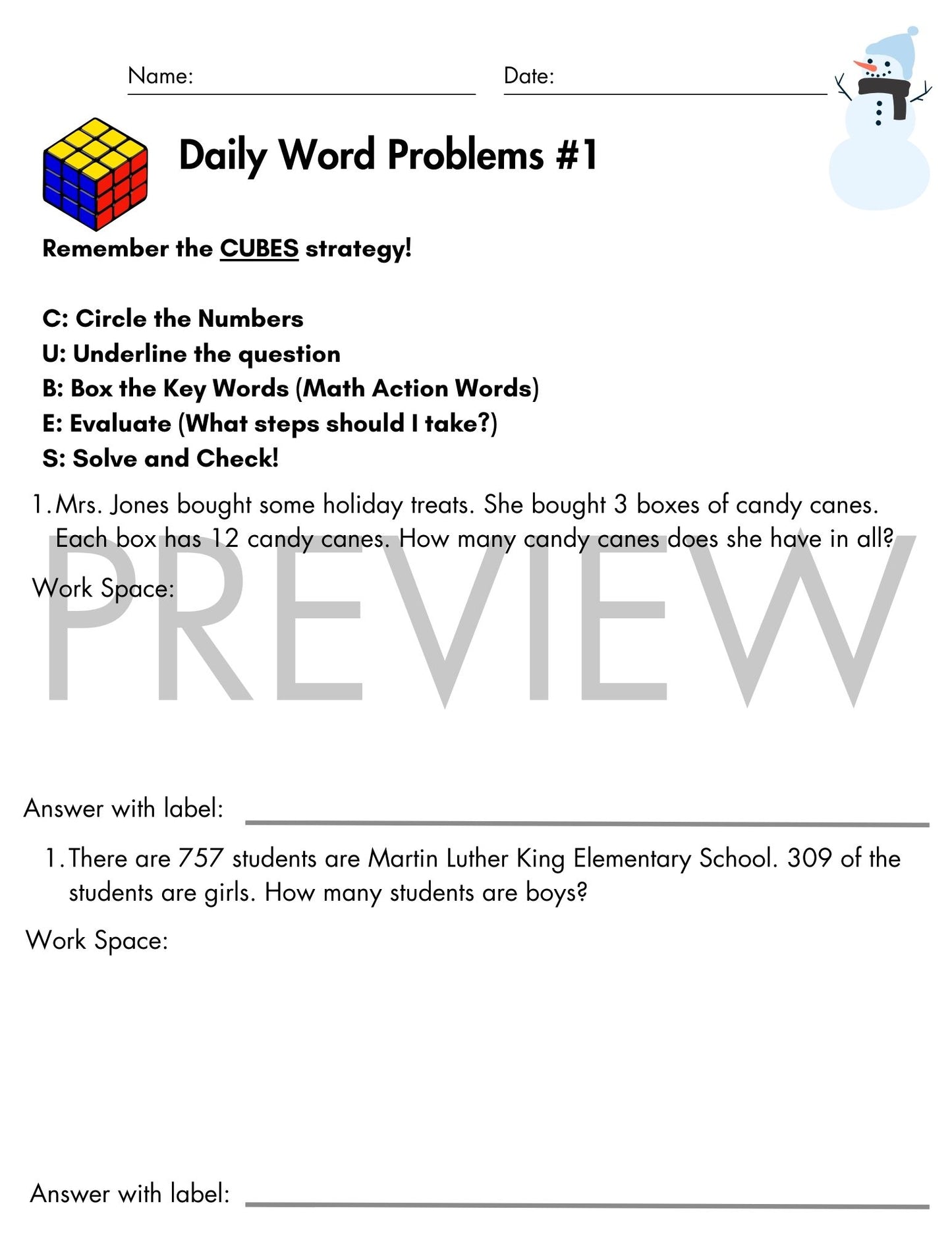 January Daily Word Problems with CUBES Strategy | 3rd Grade