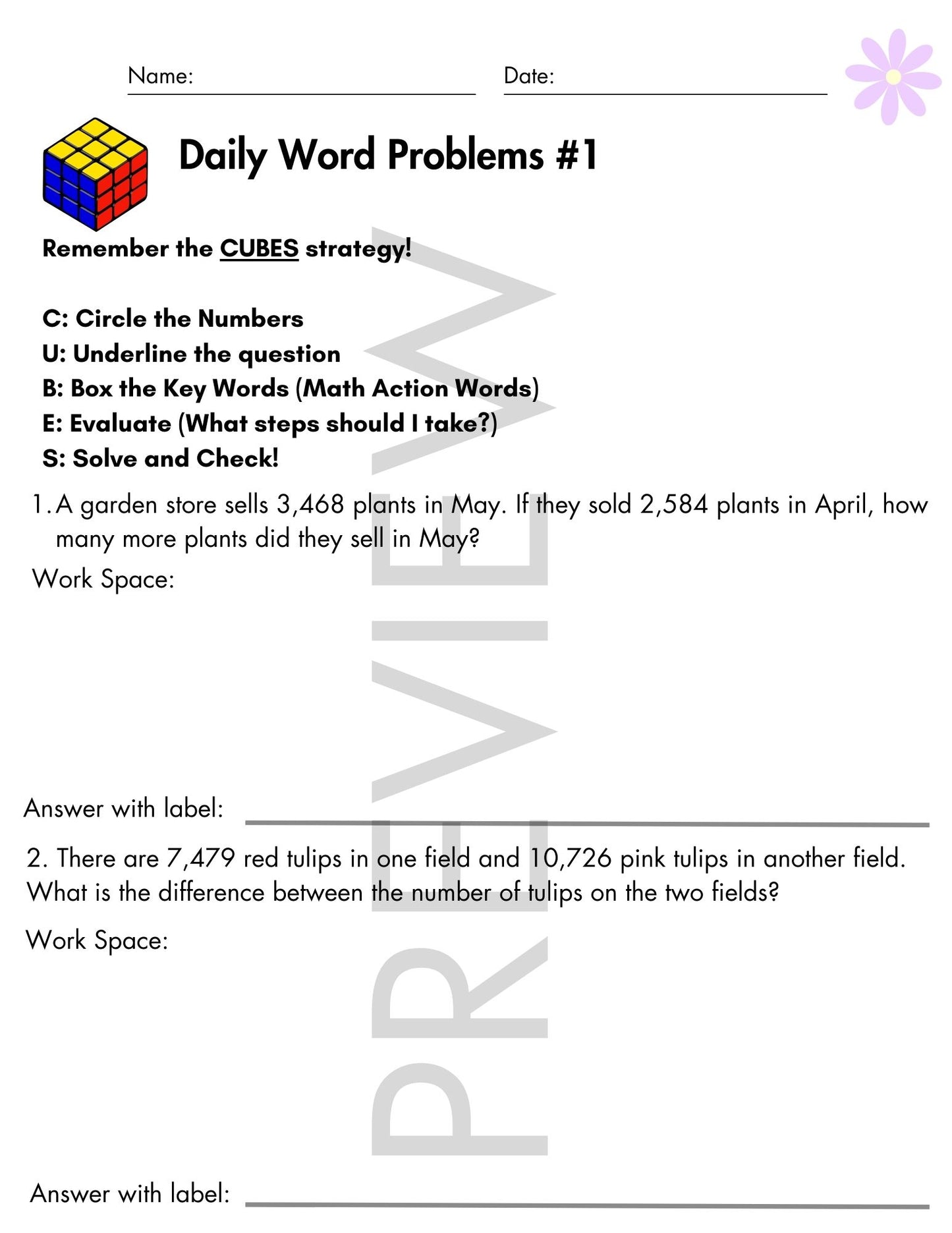 May Daily Word Problems with CUBES Strategy | 4th Grade