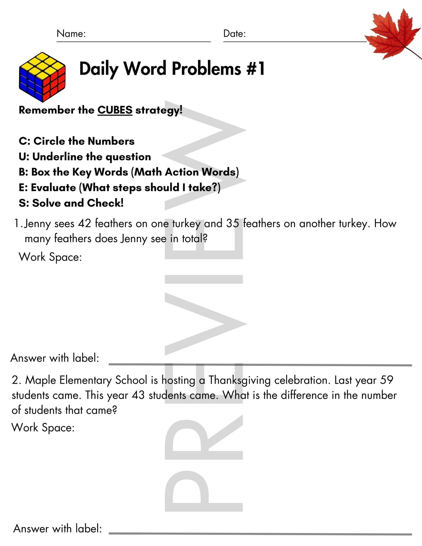 November Daily Word Problems with CUBES Strategy | 2nd Grade