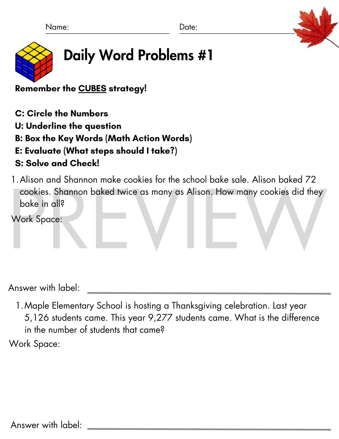 November Daily Word Problems with CUBES Strategy | 3rd Grade