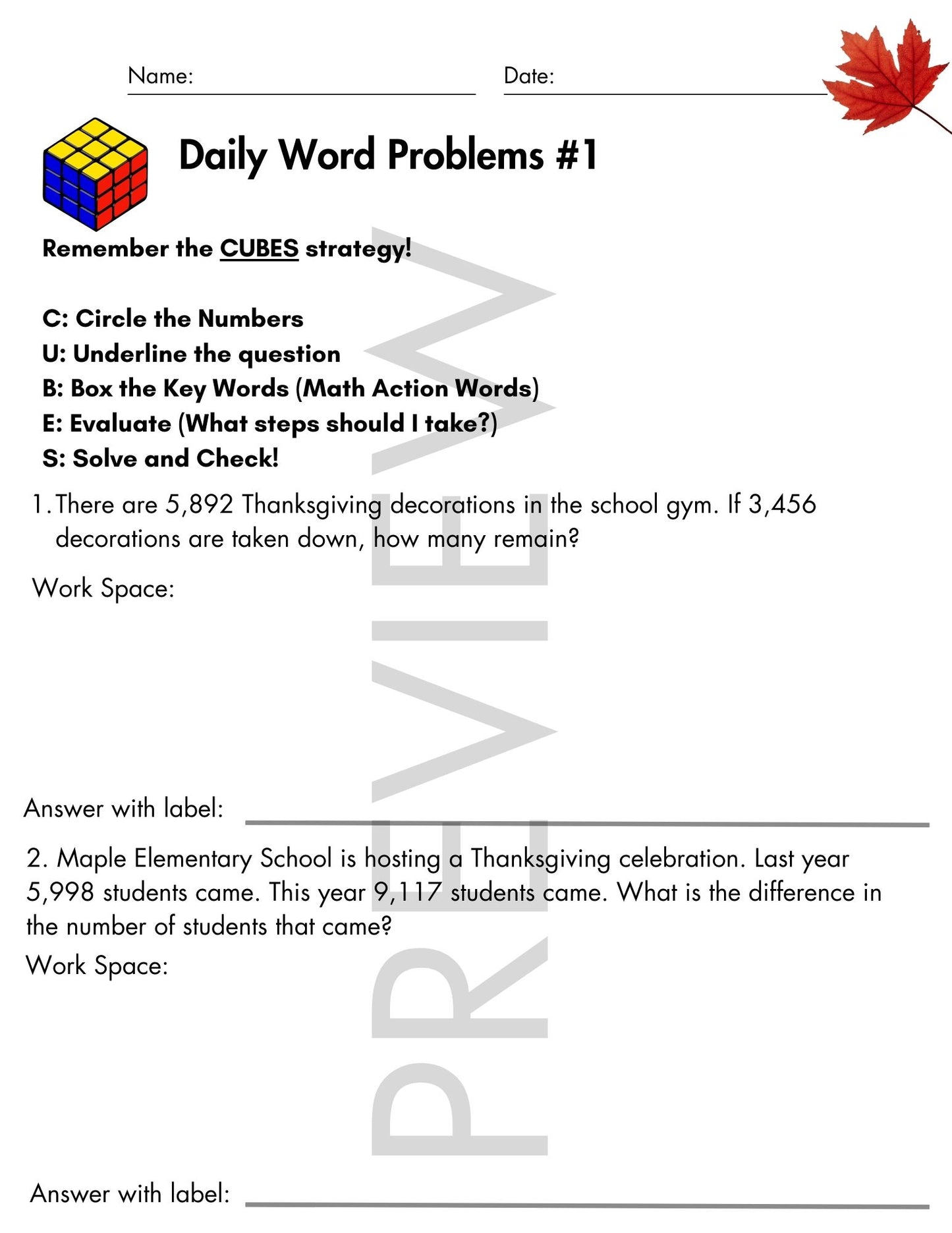 November Daily Word Problems with CUBES Strategy | 4th Grade