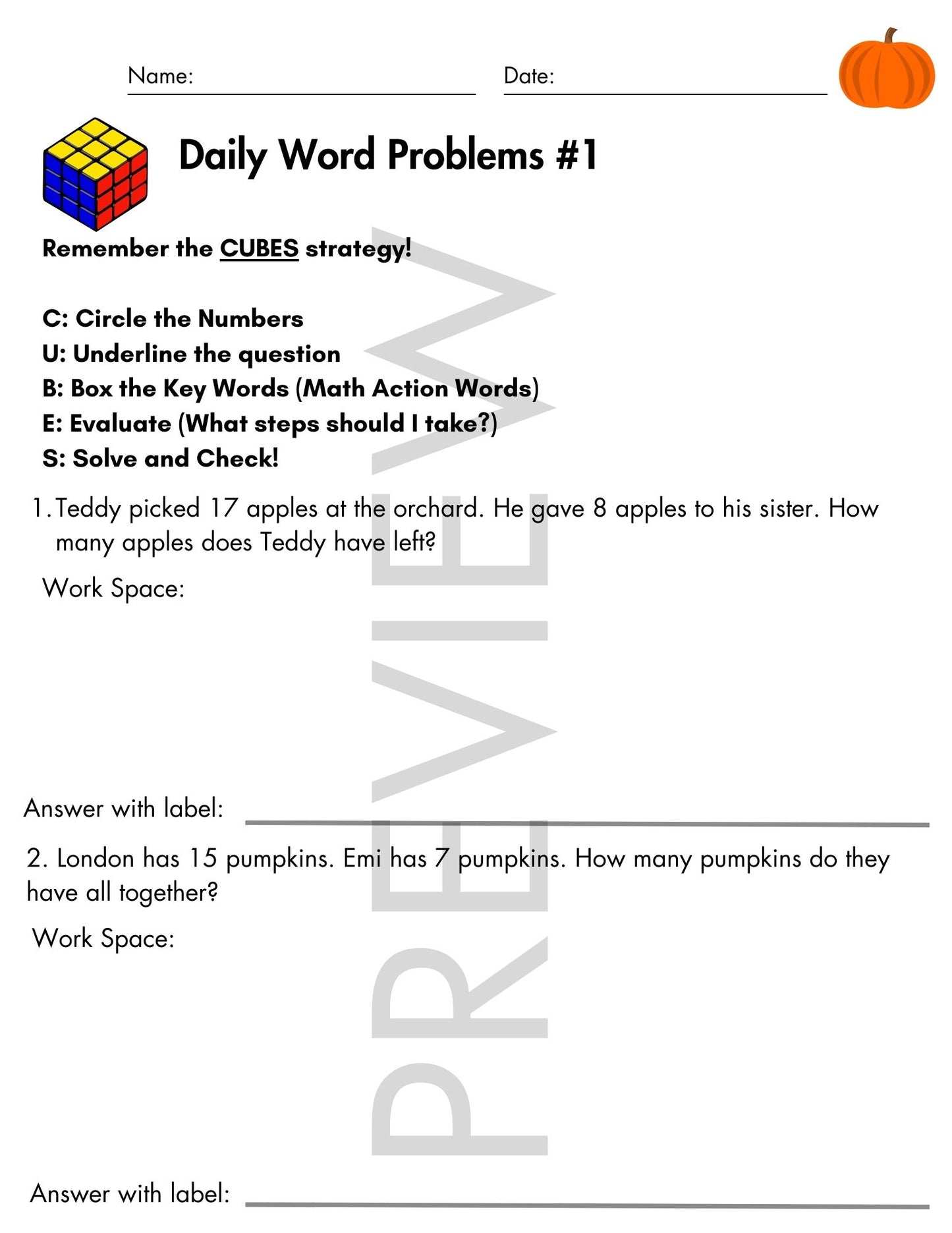 October Daily Word Problems with CUBES Strategy | 2nd Grade