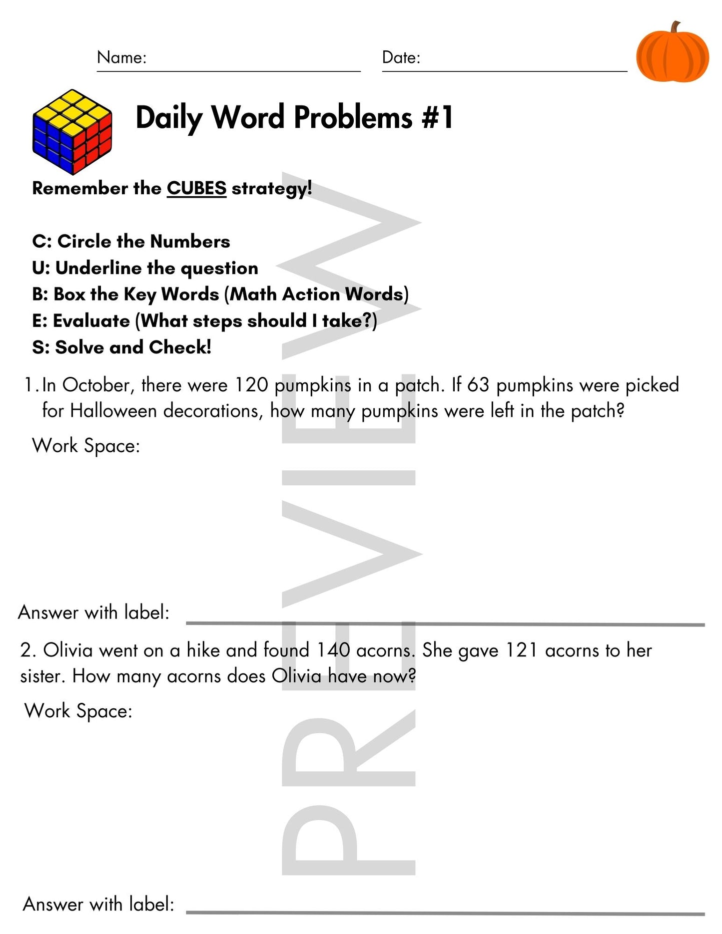 October Daily Word Problems with CUBES Strategy | 4th Grade