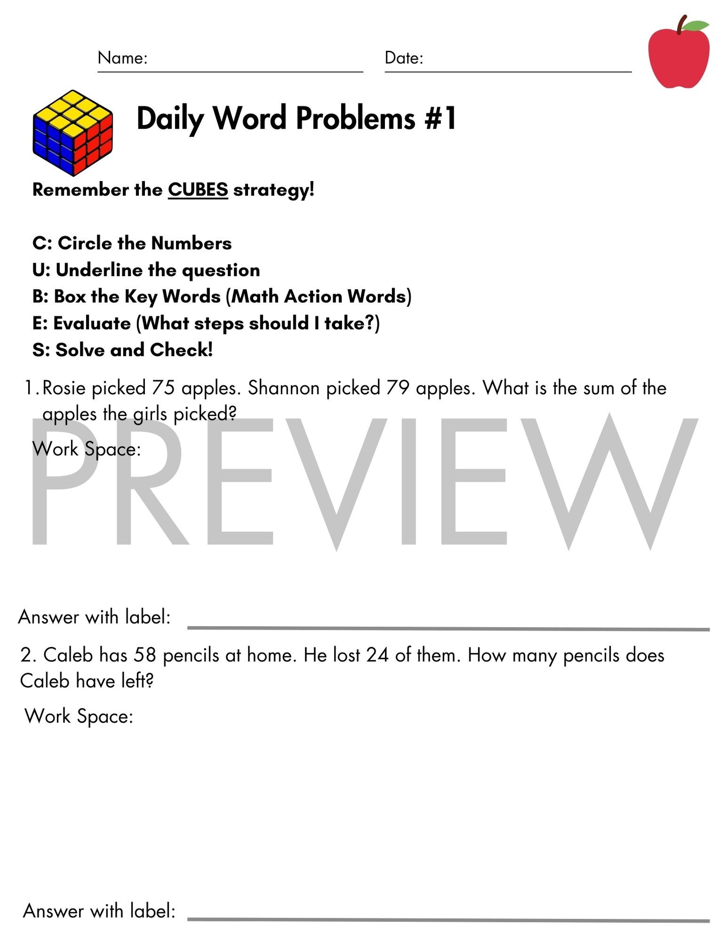 September Daily Word Problems with CUBES Strategy | 3rd Grade