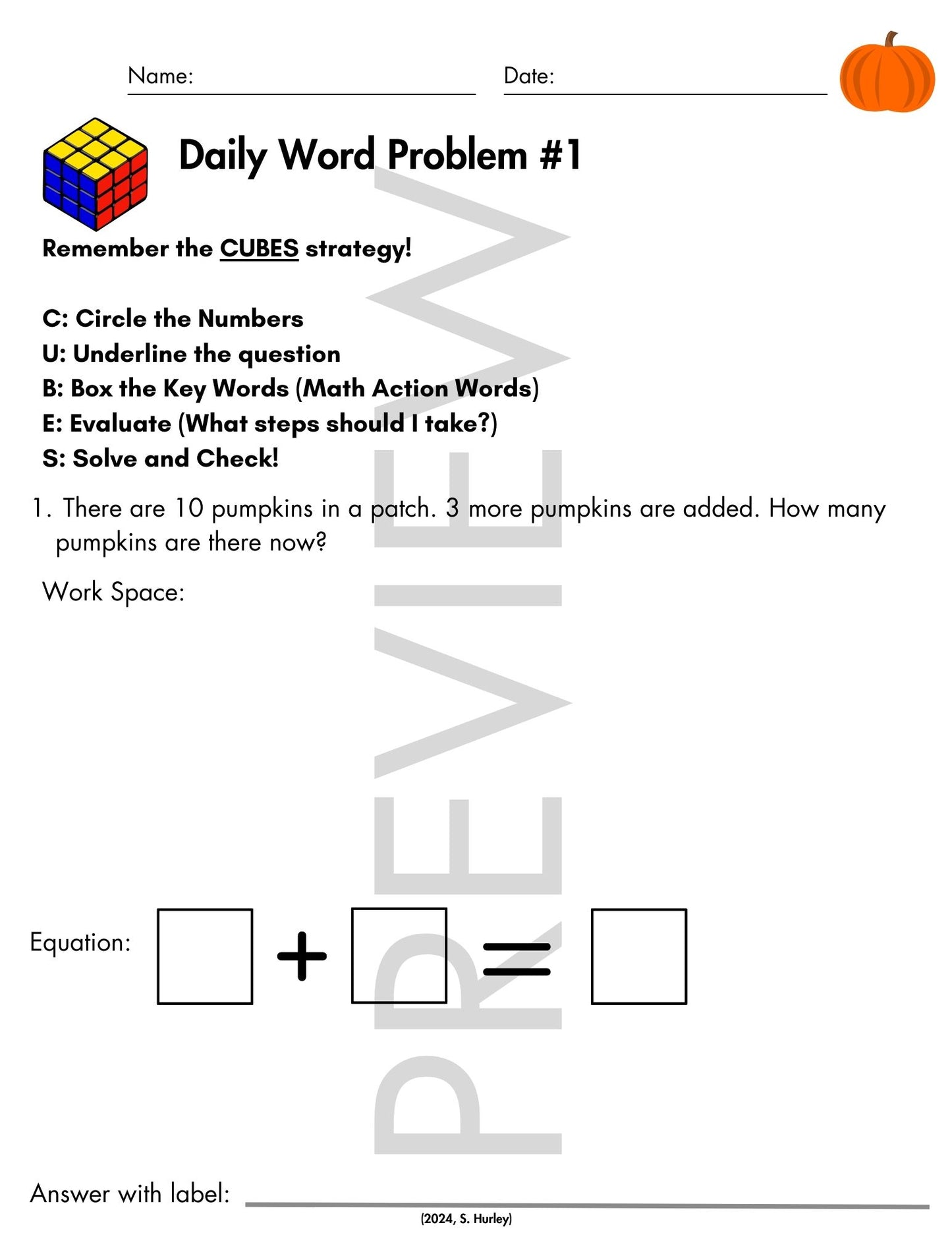 October Daily Word Problems with CUBES Strategy | 1st Grade