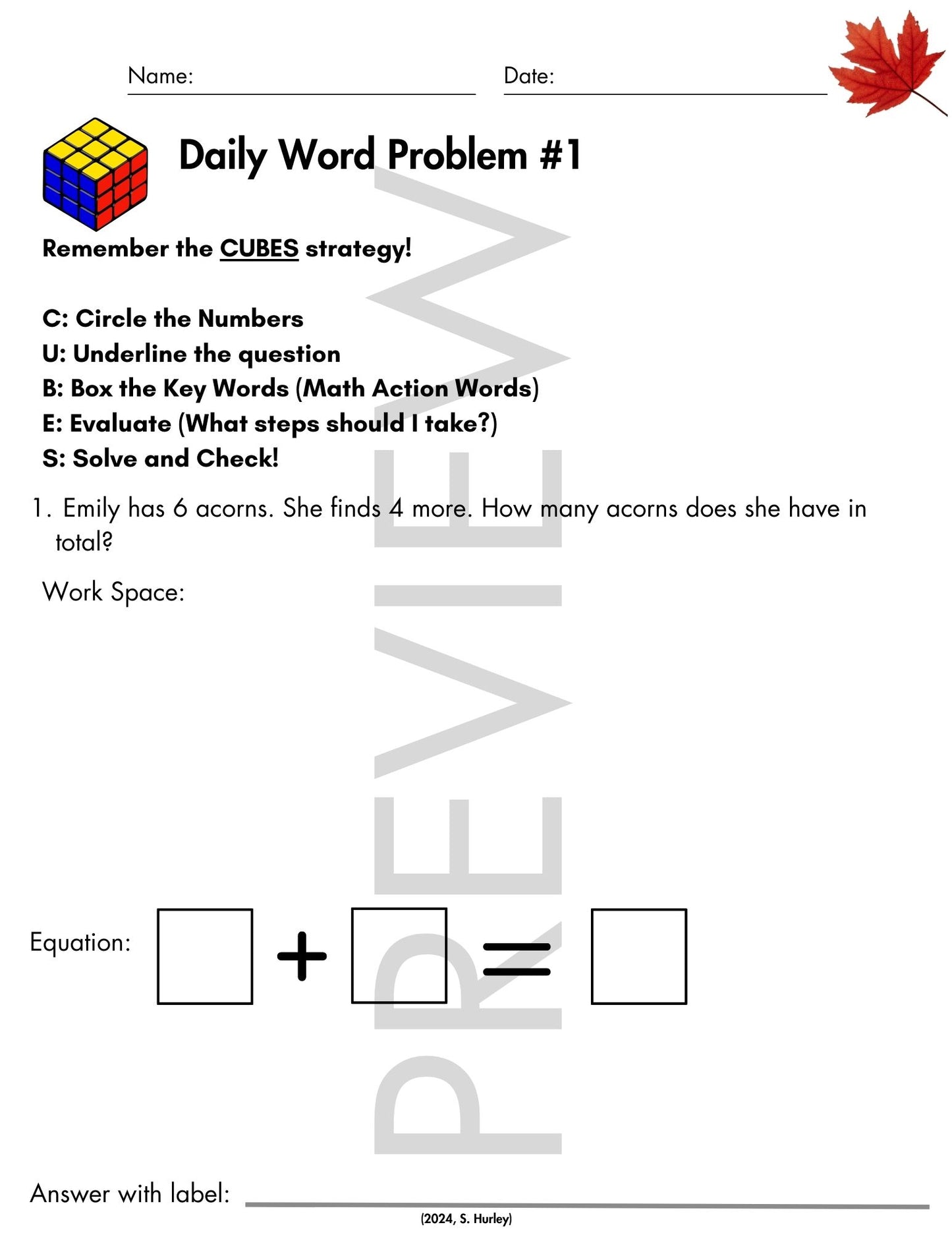 November Daily Word Problems with CUBES Strategy | 1st Grade