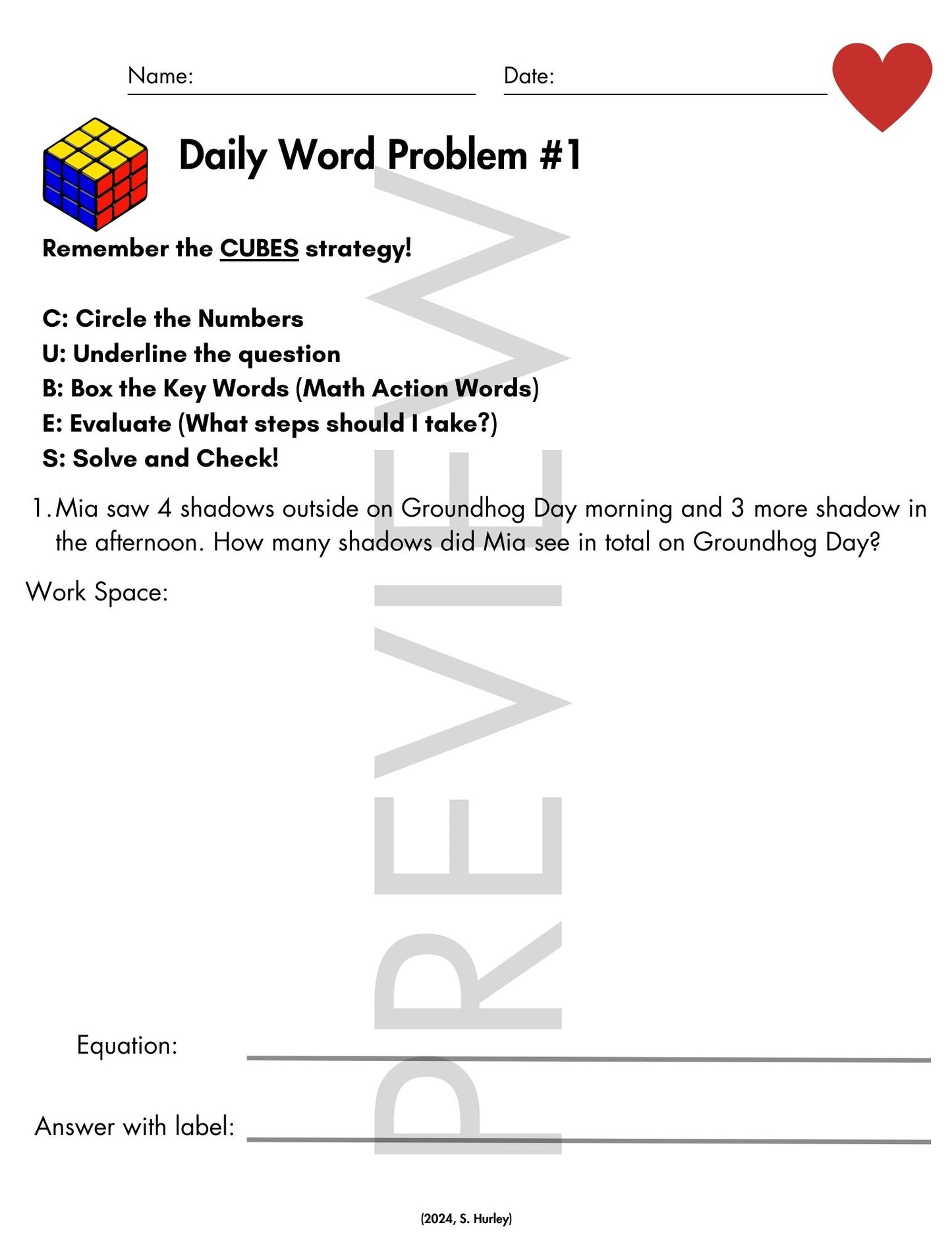 February Daily Word Problems with CUBES Strategy | 1st Grade