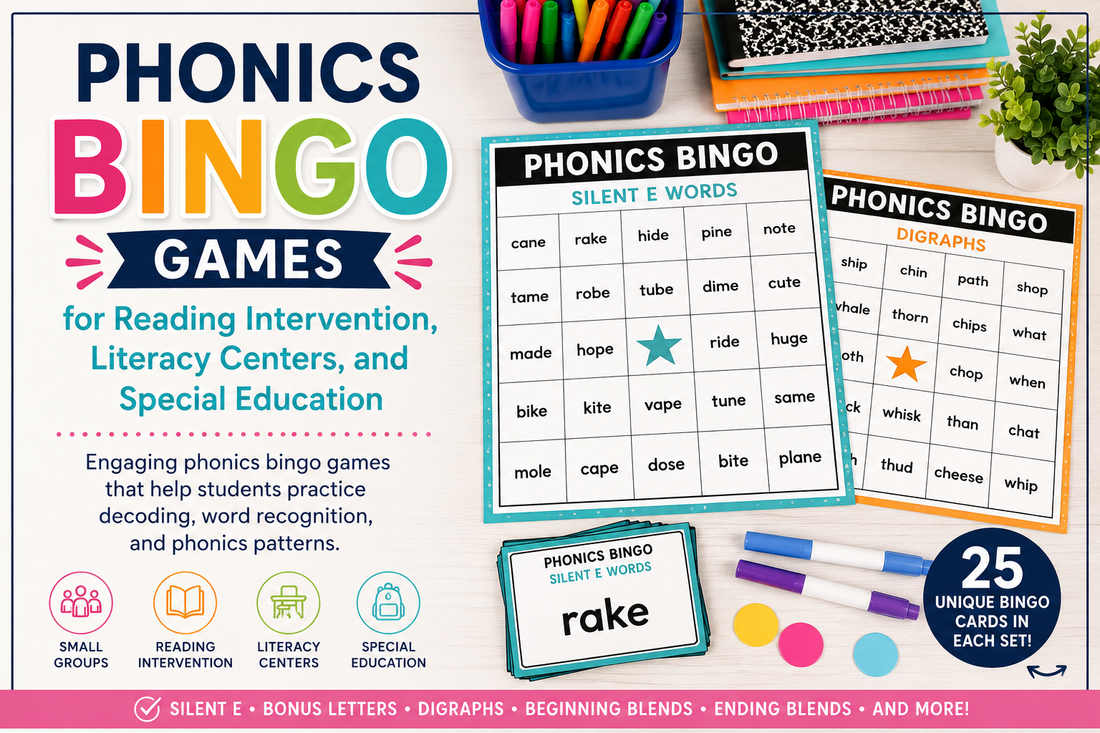 Phonics Bingo Games for Reading Intervention, Literacy Centers, and Special Education