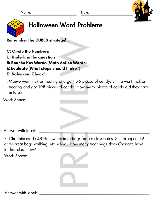 Halloween | Third Grade Word Problems with CUBES Strategy