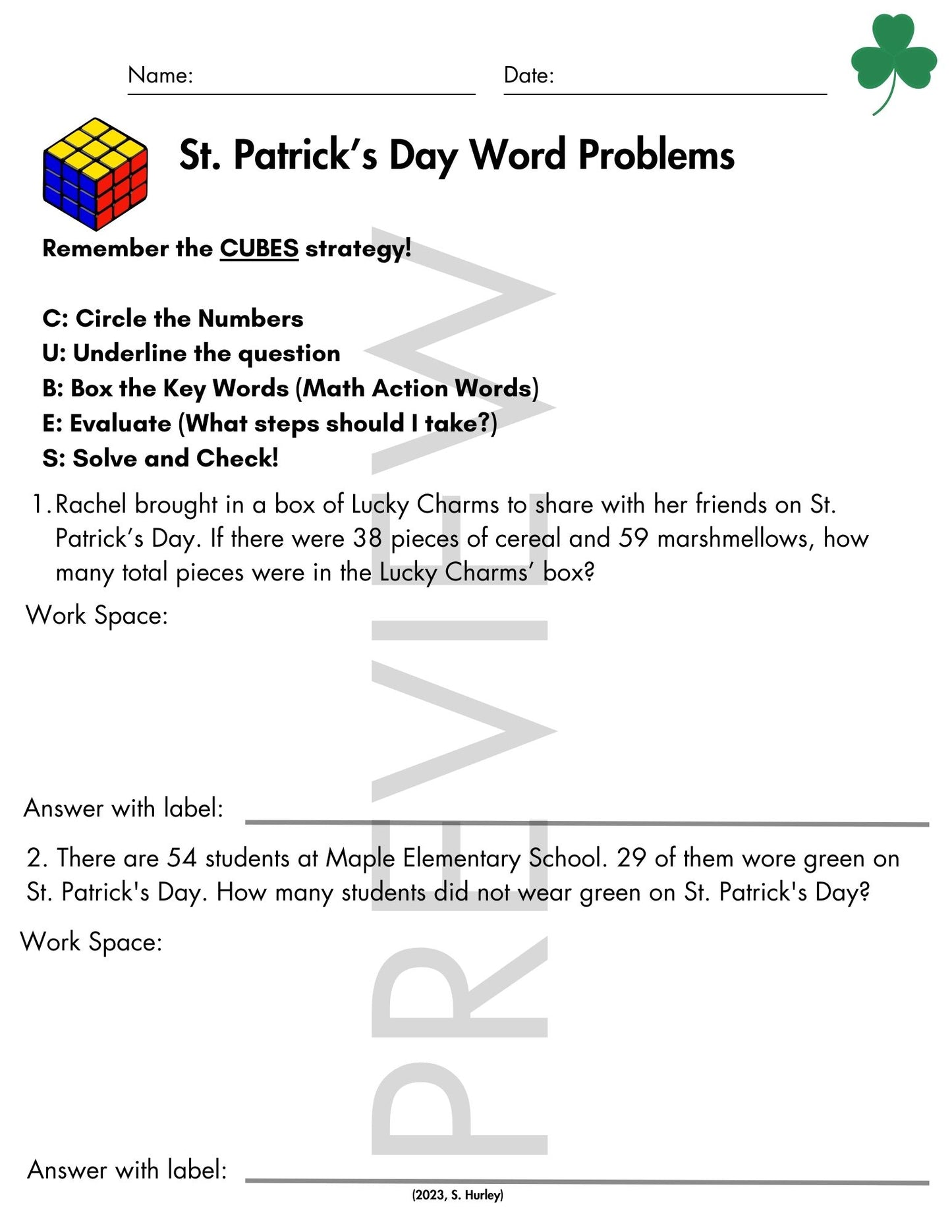 St. Patrick’s Day Word Problems | CUBES Math Strategy | Grade 2