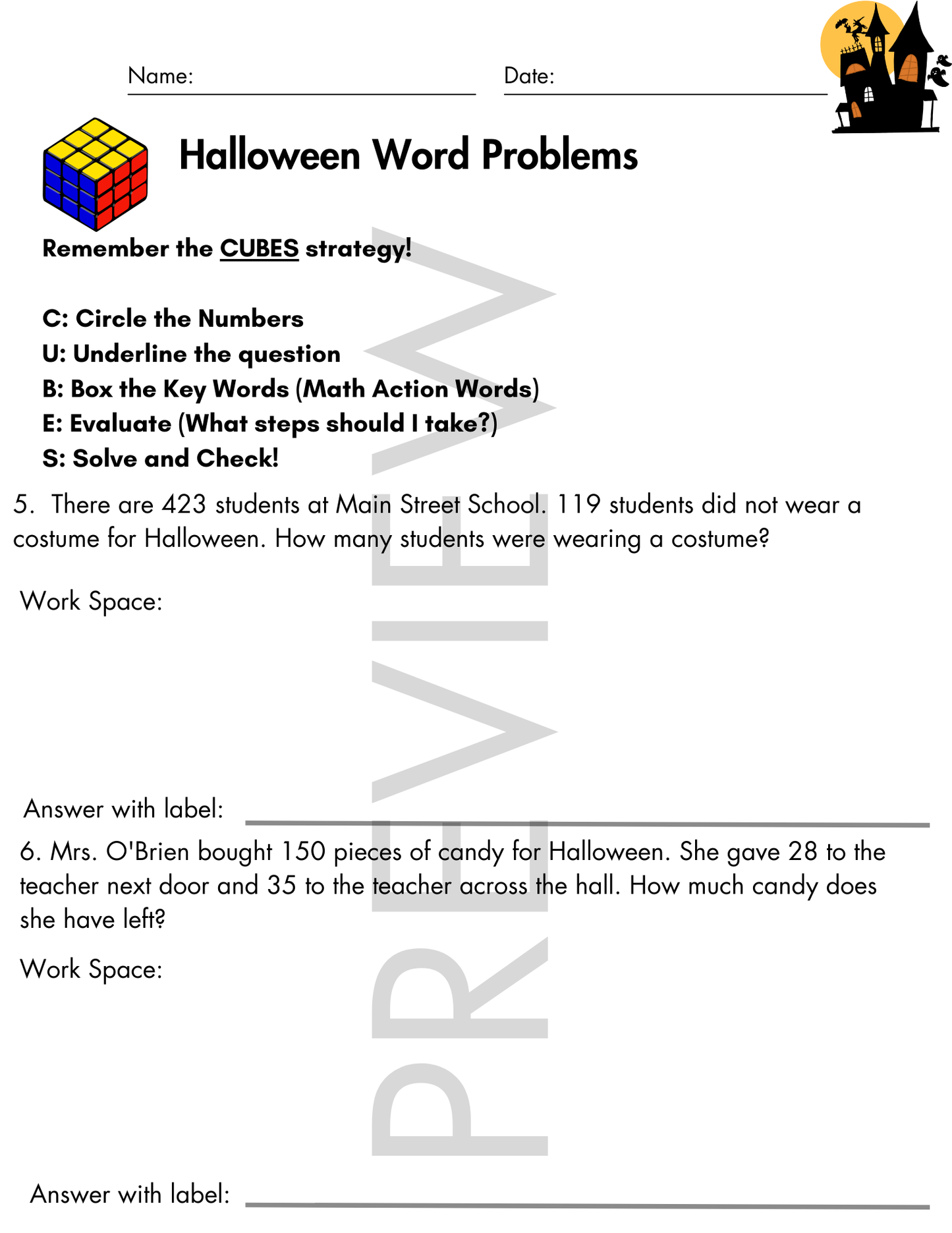 Halloween | Third Grade Word Problems with CUBES Strategy