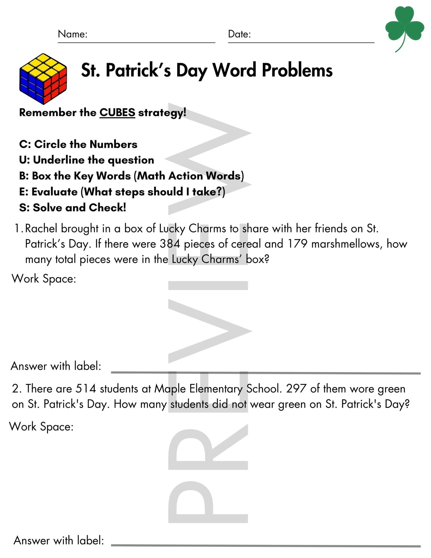 St. Patrick’s Day Word Problems | CUBES Math Strategy | Grade 3