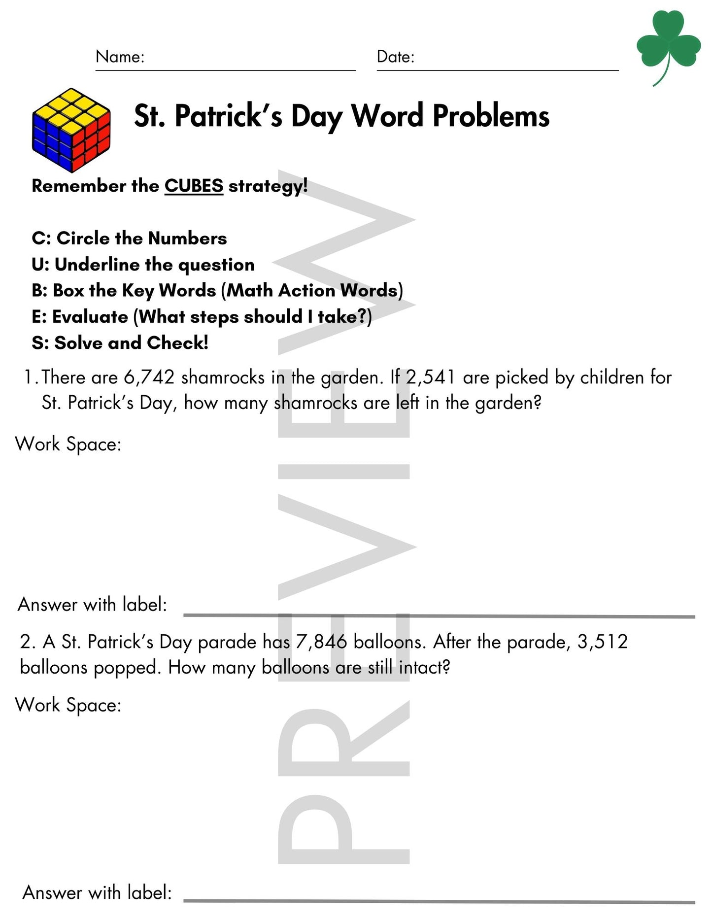 St. Patrick's Day Word Problems with CUBES Strategy | 4th Grade