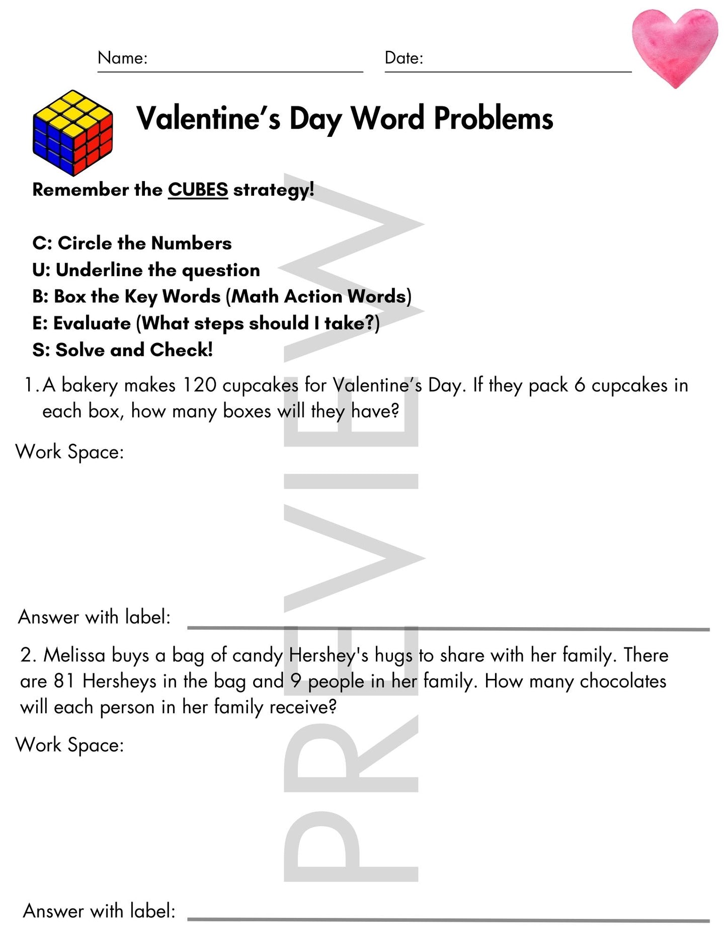 Valentine's Day Word Problems with CUBES Strategy | 4th Grade