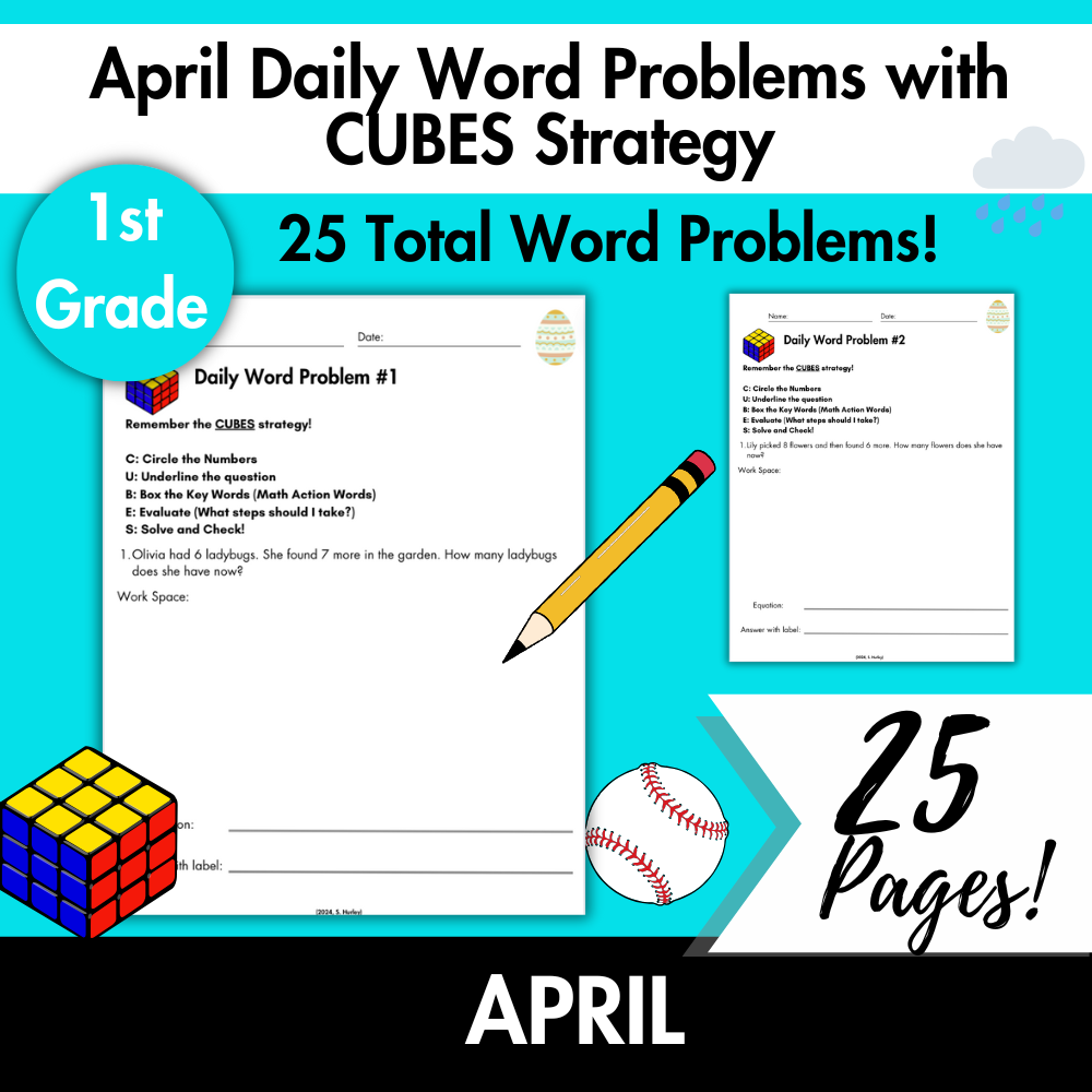 April Daily Word Problems with CUBES Strategy | 1st Grade