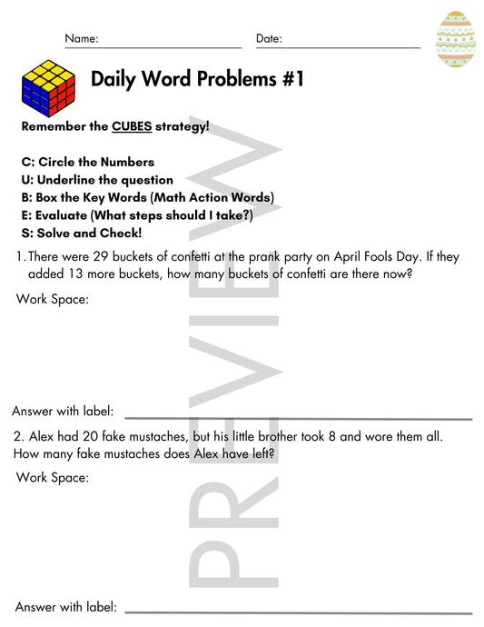 April Daily Word Problems with CUBES Strategy | 2nd Grade