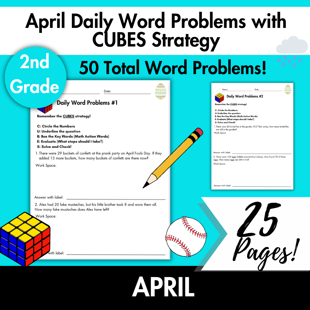April Daily Word Problems with CUBES Strategy | 2nd Grade
