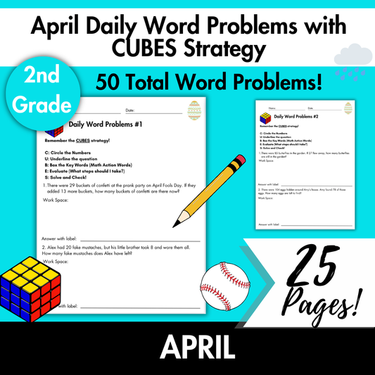 April Daily Word Problems with CUBES Strategy | 2nd Grade