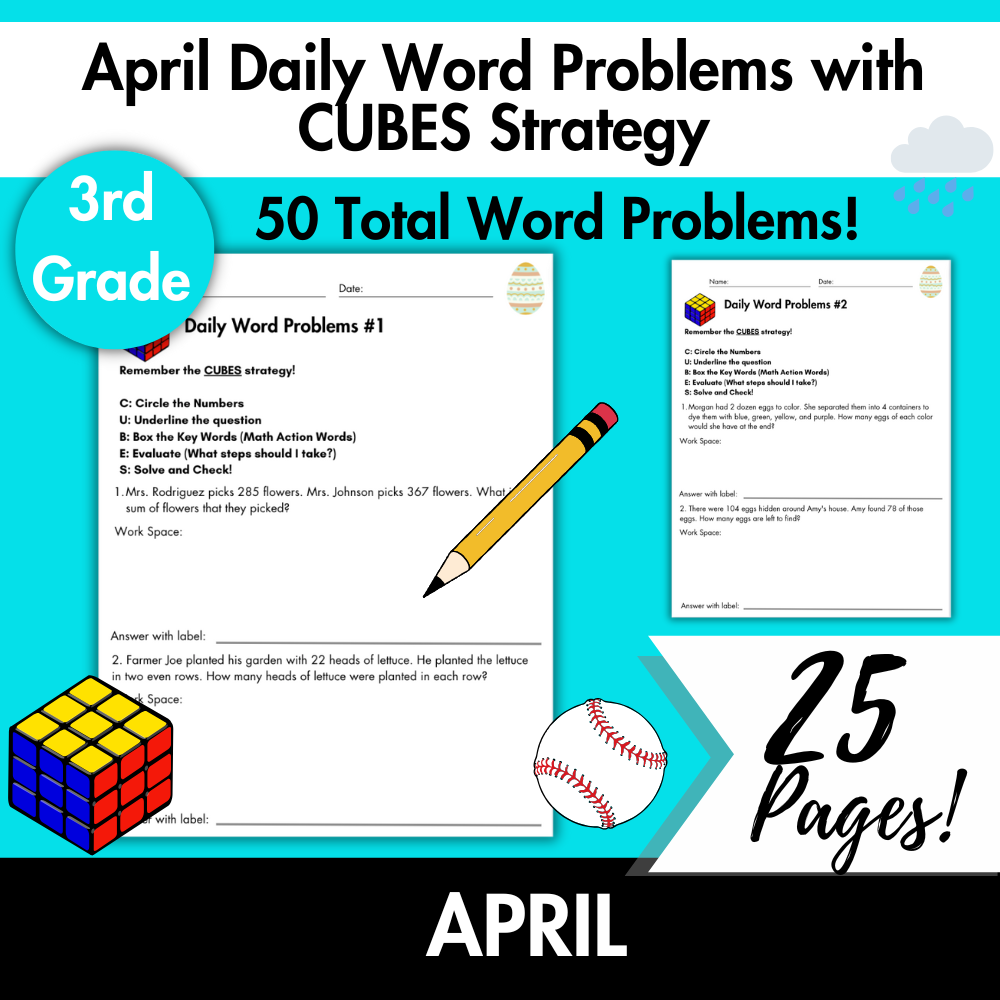 April Daily Word Problems with CUBES Strategy | 3rd Grade