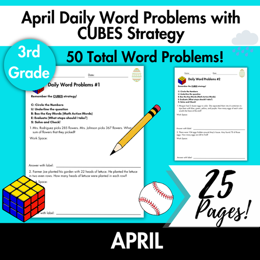 April Daily Word Problems with CUBES Strategy | 3rd Grade
