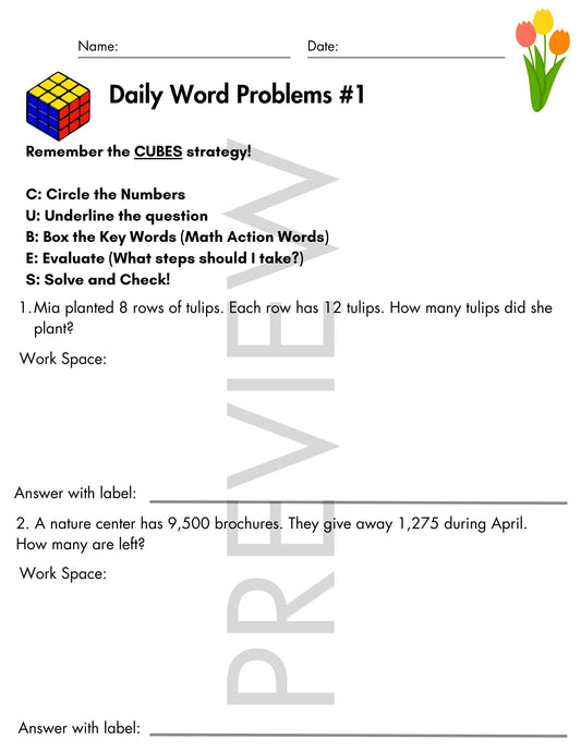 April Daily Word Problems with CUBES Strategy | 4th Grade