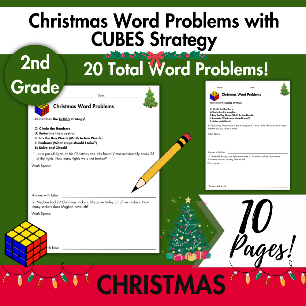Christmas Word Problems with CUBES Strategy | 2nd Grade