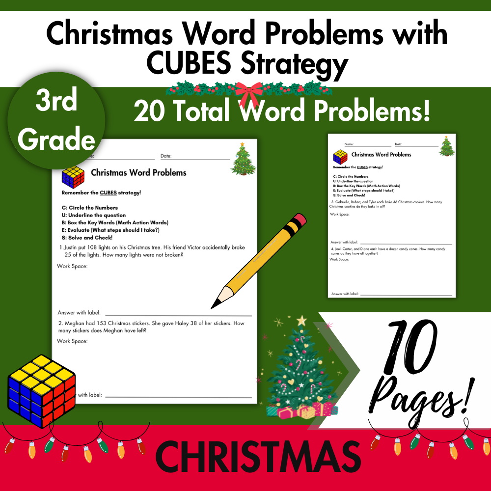 Christmas Word Problems with CUBES Strategy | 3rd Grade