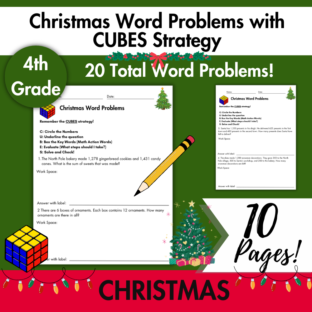Christmas Word Problems with CUBES Strategy | 4th Grade