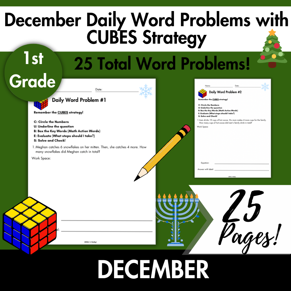 December Daily Word Problems with CUBES Strategy | 1st Grade