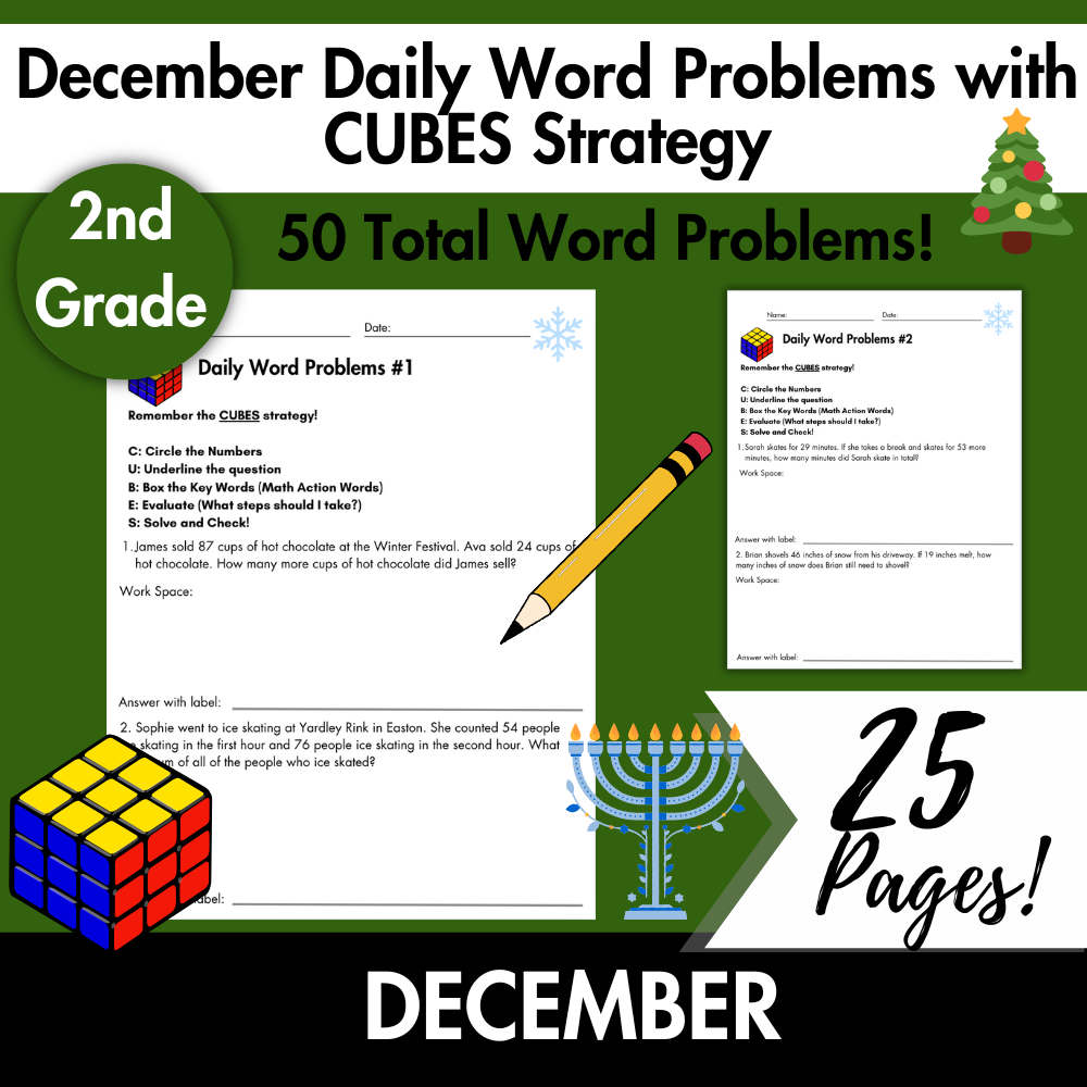 December Daily Word Problems with CUBES Strategy | 2nd Grade