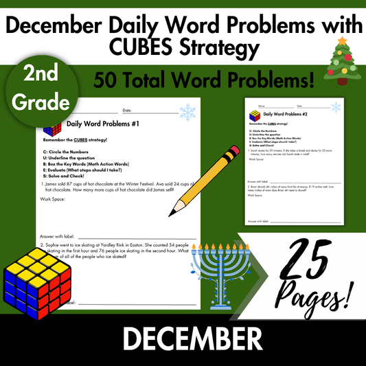 December Daily Word Problems with CUBES Strategy | 2nd Grade