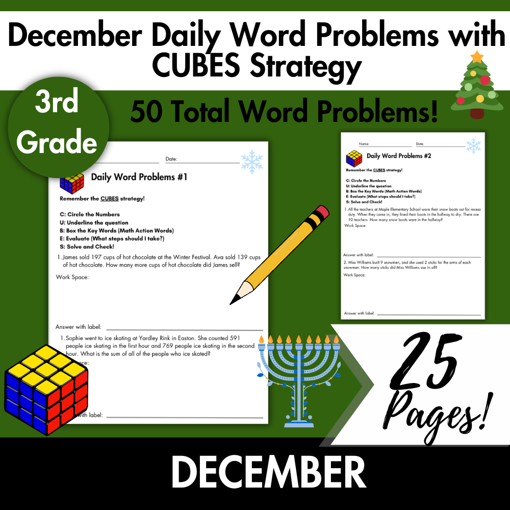 December Daily Word Problems with CUBES Strategy | 3rd Grade