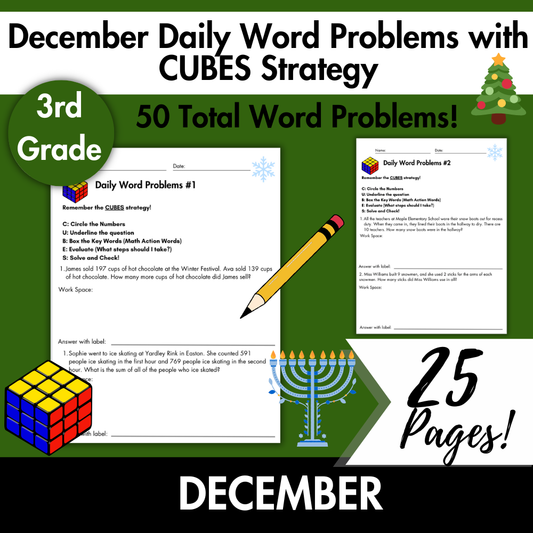 December Daily Word Problems with CUBES Strategy | 3rd Grade