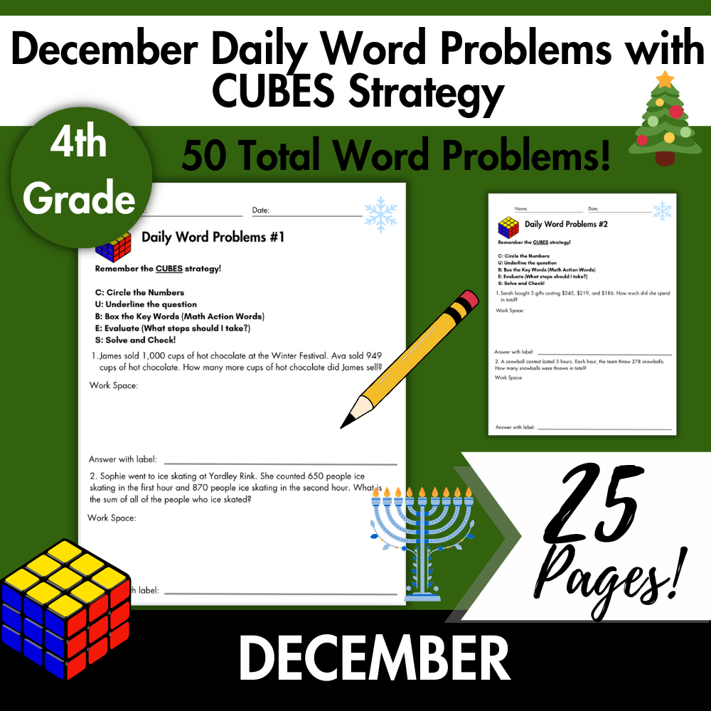 December Daily Word Problems with CUBES Strategy | 4th Grade