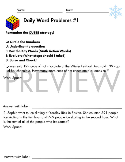 December Daily Word Problems with CUBES Strategy | 3rd Grade